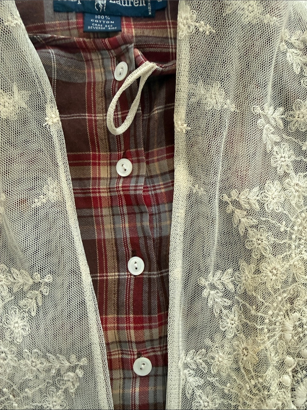 Vintage 80’s Ralph Lauren Plaid Flannel Button Front
Lace Trim Scarf Cuffs - Picture 10 of 16